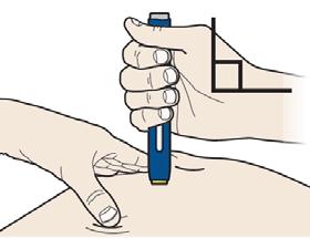 A Steg 3: Injicera Fortsatt att hålla huden sträckt eller ihopnypt. PLACERA den förfyllda injektionspennan mot huden med 90 graders vinkel. Den orange hylsan ska vara avtagen.