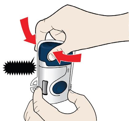 I För luckan till vänster. Kläm sedan tills den klickar på plats. Kläm ihop klick Kontrollera att cylinderampullen sitter säkert i den automatiska doseringspumpen innan du stänger luckan.