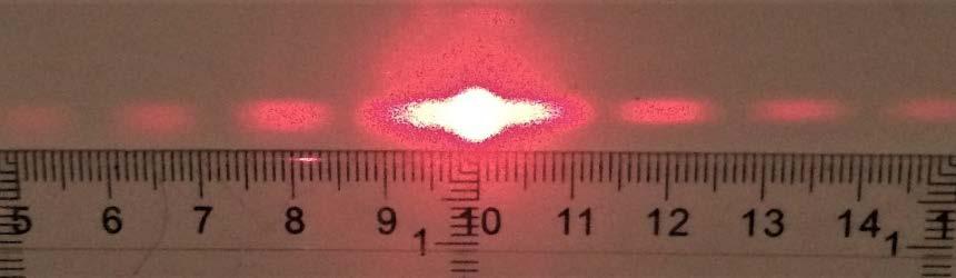 På skärmen ser du då att den ursprungliga laserfläcken på några få millimeter sprids ut längs med ett par linjer i olika vinklar (se figuren ovan till vänster).