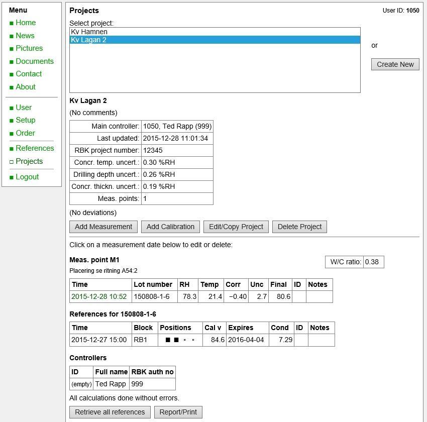 Bilaga 2 - Flik 12 Rutin för RF-mätning i borrhål HumiGuard med webbplats Figur B2.11 Vy över användargränssnittet till programmet HumiGuard online web application. 3.