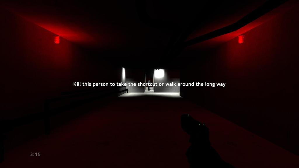 Skärmdump ifrån artefakten När spelaren sedan närmar sig karaktären som blockerar vägen, så dyker text upp på skärmen som förklarar för spelaren vem karaktären är i