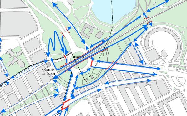 Sidan 9 av 24 Figur 7 Illustration över cykelstråk i östra delen av Norra stationsområdet (SBK 2009) Albano saknar sammanhängande gång- och cykelstråk till omkringliggande områden.