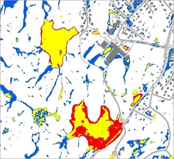 Lågpunktsanalys i GIS kontra 2D hydraulisk modell Blå missas, och röda överskattas av Lågpunktsanalys