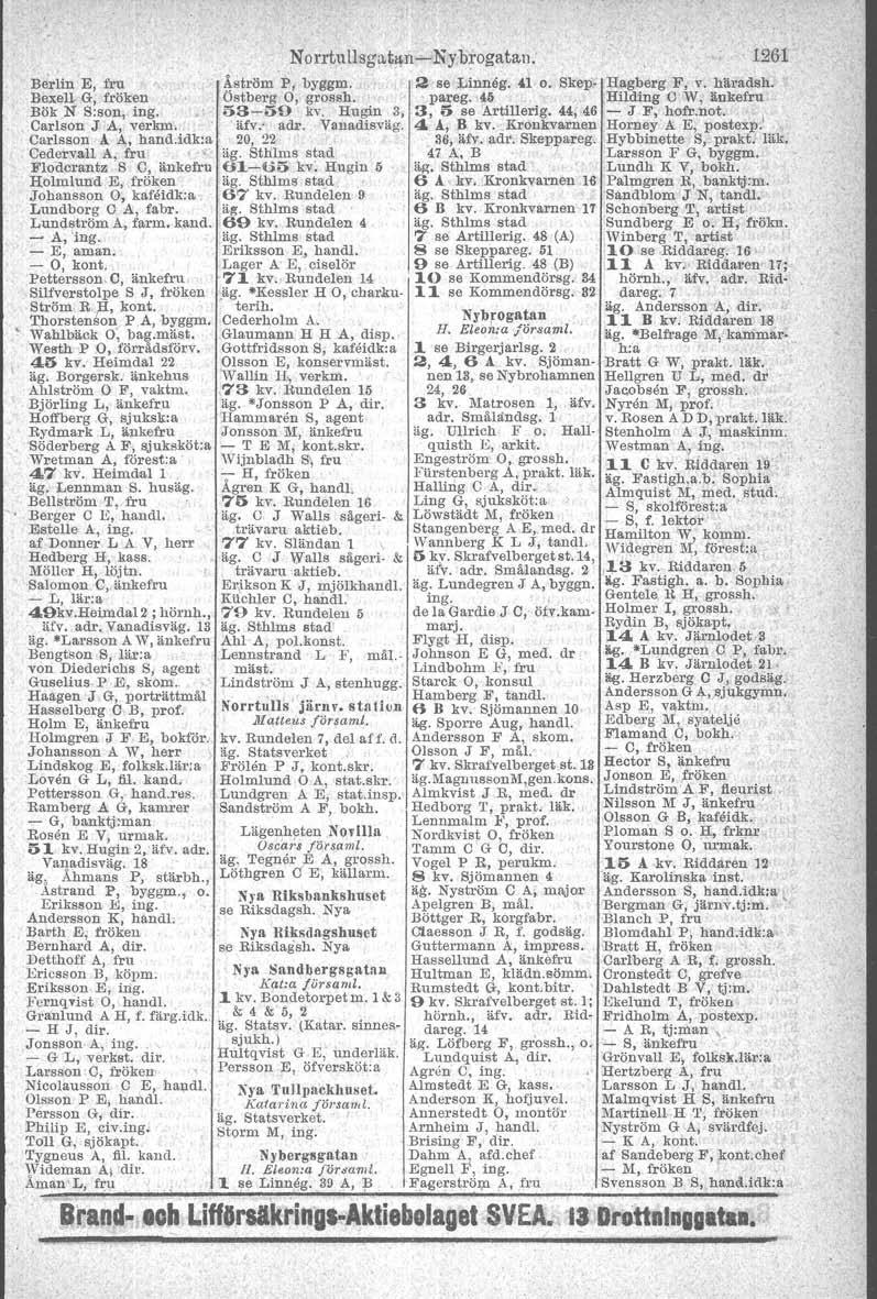 Norrtullsgutan-c-Nybrogatan. 1261 Berlin'E, fru,tström P, byggm, 2 se Linneg. 41 o. Skep- Hagberg F, v, häradsh. Bexell. G, fröken Ostberg 0, grossh. pareg. 46 Hilding C W, änkefru Bök N S:son, ing.