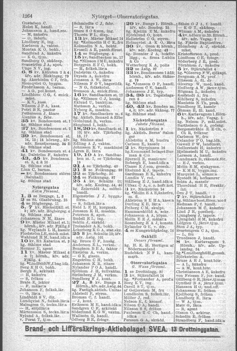 1264 Nytorget- Observa toriegatan. Gustafson C. 8chmiedte C J, fabr. 29 kv. Bunge 1. Hörnh., 8theu G J A, f. handl. Holst K, handt. - S, lär:a äfv, adr, Bondeg. 25 - K G T, skädesp. Johansson A, hand.