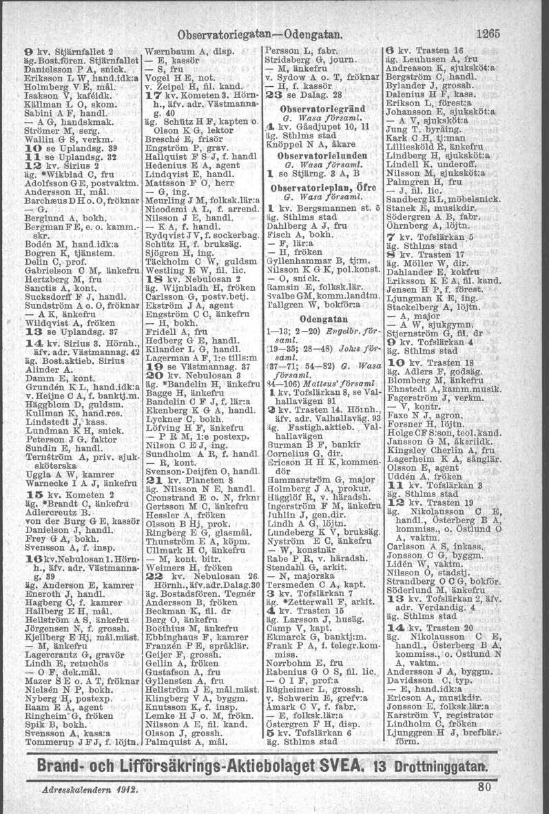 Observatoriegatan-Odengatan. 9 kv, Stjärnfallet 2 Wrernbaum A, disp, Persson L, fabr, äg.bost.foren. Stjärnfallet - E, kassör Stridsberg G, journ. Danielsson P A, snick. - S, fru --,.
