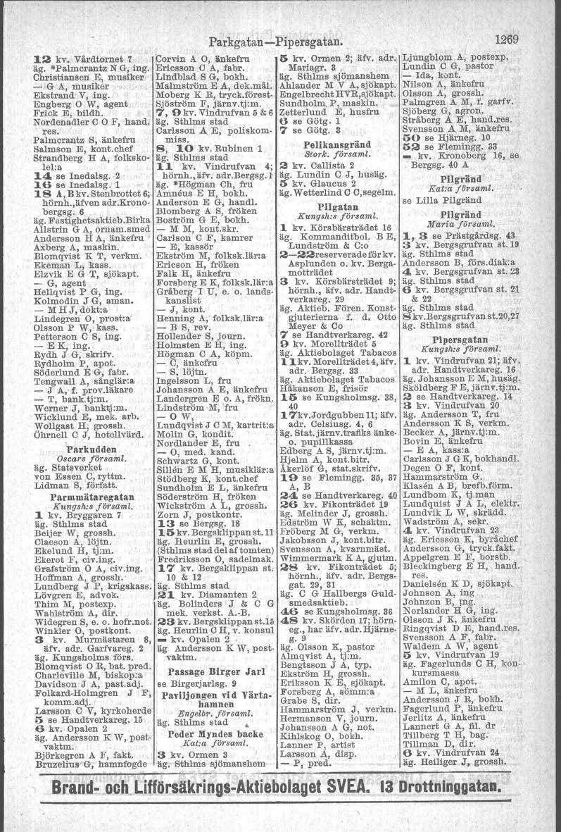 Parkgatan -Pipersgatan. 12 kv, Vårdtornet 7 Cervin A 0, linkefru IS kv, Ormen 2; äfv, adr., Ljungblom k, postexp. äg. "Palmcrantz N G, ing. Ericsson C A, fabr. Mariagr.