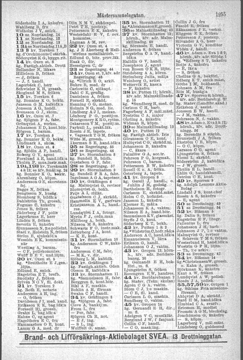 M:äste~samllelsgatall. 1255 Söderholtz t A, i>nkefru' Olin N M V, skådespel. 35 kv'. Stormhatten 12 Oollin j G, tru Wahlberg B, fru '. Petri T H, postexp: äg.-abrahamsone,grosslr. Fasold E,.