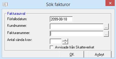 Utskrift av kravfaktura Kravfakturor skrivs ut under menyn Bearbeta Kundreskontra Påminnelse/utdrag ur reskontran (Affärssystem: Bearbeta Reskontra Kund - Påminnelse/utdrag ur reskontran).