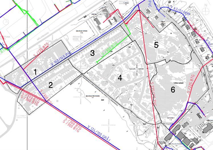 Figur 2. Befintliga VA-ledningar genom området. Röd=Spill, Blå=Vatten, Grön=Dagvatten. Utredningsområdet och delområden är markerade med svart linje. 2.2 Geologi En markteknisk undersökning har genomförts av Geosigma (2017-01-19) vilken visar att området till stor del utgörs av lera.
