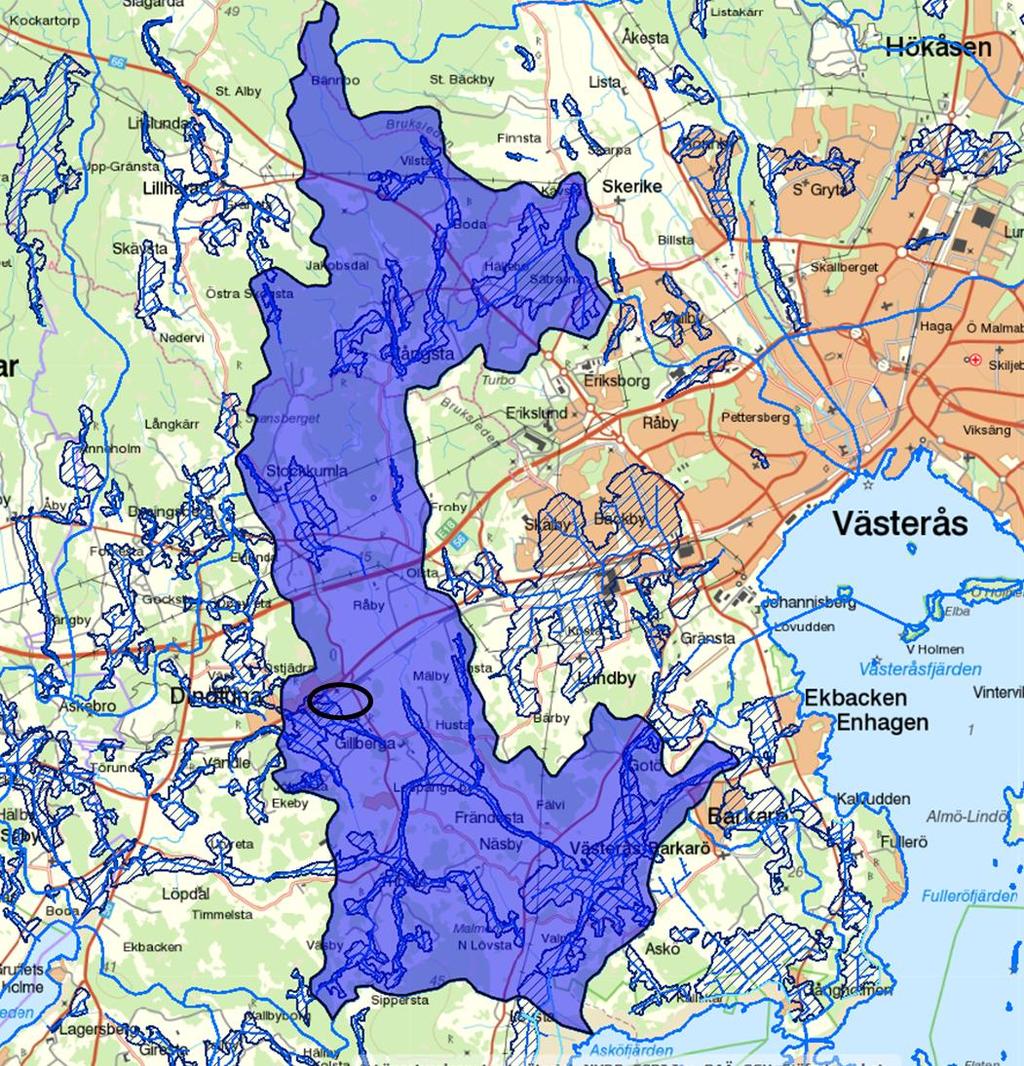 Figur 5. Utsnitt ur Länsstyrelsen Västmanlands externa karttjänst. Blåmarkerat område utgör Asköbäckens tillrinningsområde. Rastrerade områden utgör markavvattningsföretag.