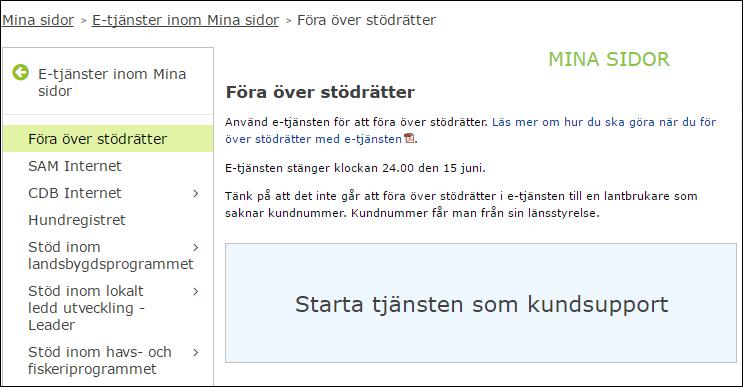 E-tjänster inom Mina sidor Längst ner i menyn finner du E- tjänster inom Mina sidor. Tjänsten att överföra stödrätter ligger överst i raden. Klicka på Föra över stödrätter.