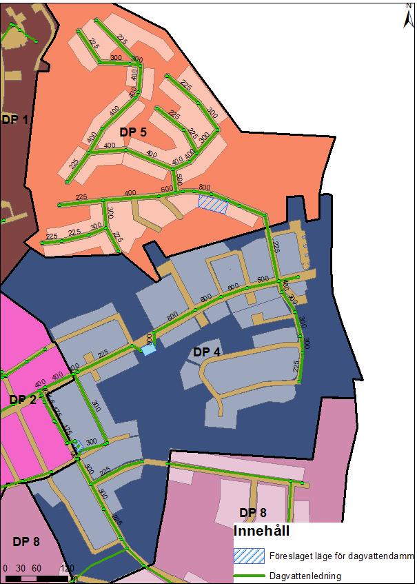 Figur 4. Föreslagen dimensionering av dagvattenledningar i DP4 och DP5.