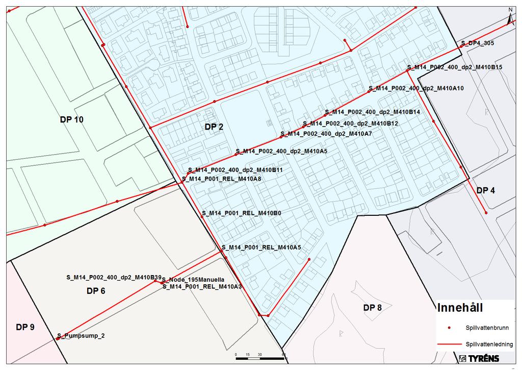 Anslutningspunkt spillvatten DP 4 5 Pumpstation spillvatten Figur 12. Spillvatten från DP 1 5 avleds till en befintlig pumpstation som i figuren är markerad med S_Pumpsump_2.