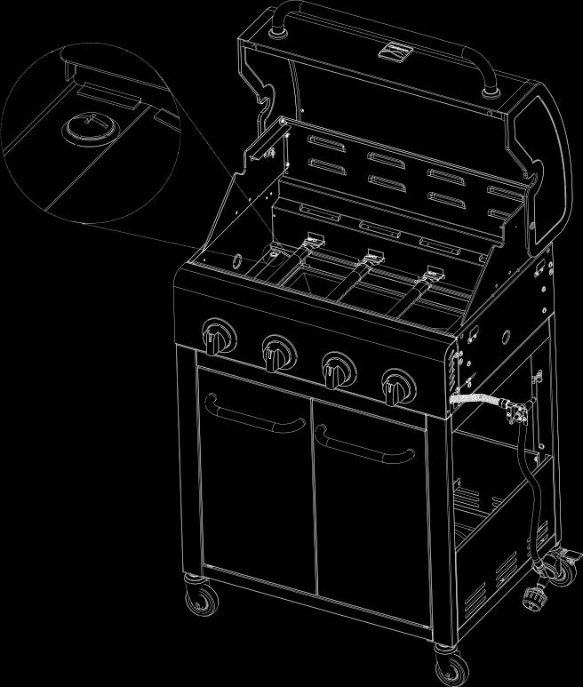 Drag ut slangen och tändarledningen mot grillkroppens sida. Placera grillkroppen (38) på vagnen.