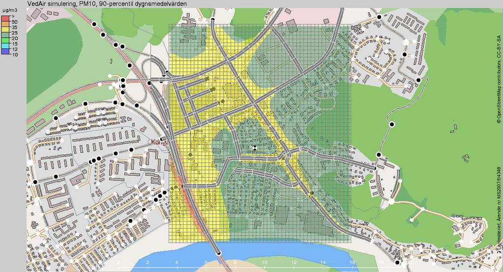 Figur 5 hörnet. Årsmedelhalt PM10 (µg/m 2 ). Se färgskala för halterna i övre vänstra Figur 6 90-percentil av dygnsmedelvärden PM10 (µg/m 2 ). 5 Referenser (1) http://www.smhi.