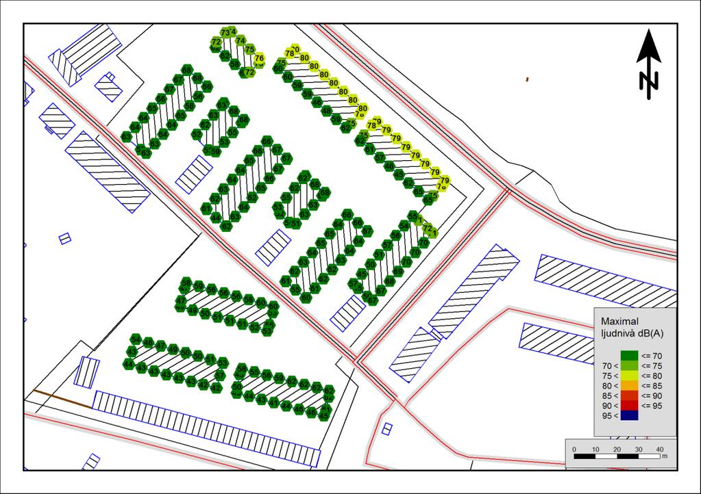 Maximal ljudnivå - väg Sammanfattande bedömning Ljudnivå vid fasader Beräkningarna visar att gällande krav för ekvivalent ljudnivå (55 db(a) överskrids utmed den södra fasaden på hus 1 och 2 (mot