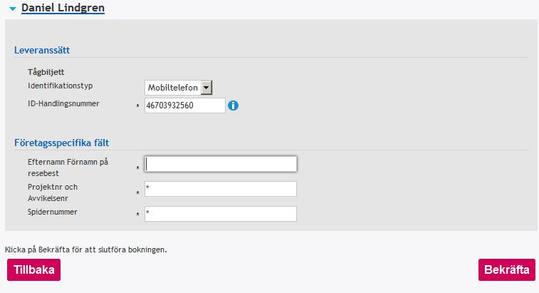 På den här sidan fylls företagsanpassat fält i t.ex. kostnadsställe, projekt osv.