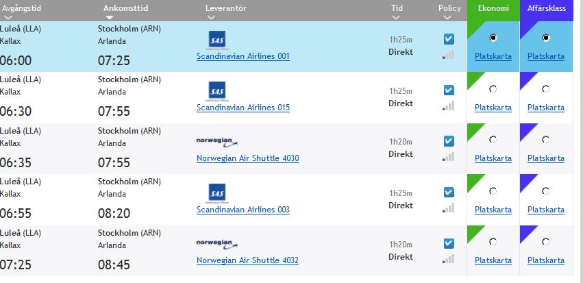 I exemplet nedan är Sök tidtabell valt: Välj/markera den avgång och det pris du