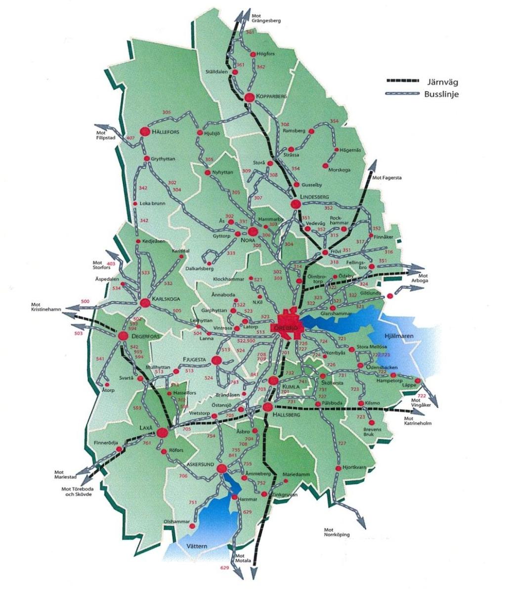 Kollektivtrafiken Länets kollektivtrafik med buss är uppbyggd utifrån ett stomnät mellan kommunernas centralorter och Örebro stad.