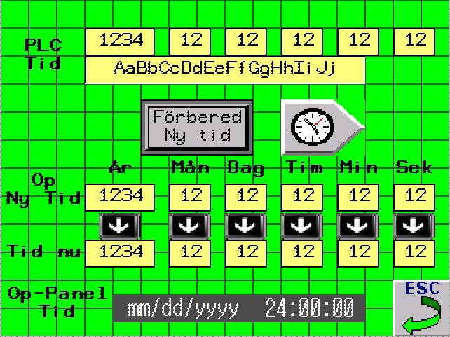PLC tiden används för att ge op-panelen sin klocka. Se Action 1(script) och ned kapitel 5.4.1.1 Script som ställer klocka i panelen. 5.3.2 Tid nu Raden Tid nu är variablerna som börjar Op_xx.