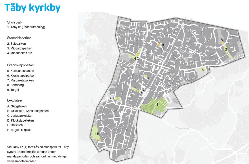 Grönplan och Parkpolicy Täby kommuns Grönplan och parkpolicy föreslår att en ny stadspark tillskapas i området kring Täby IP och Täby festplats då stora delar av kyrkbyn har brist på parkmark.