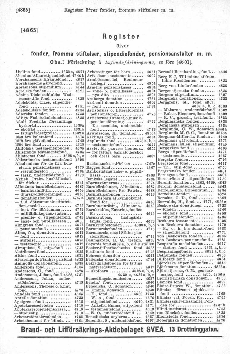 [4865] Register öfver fonder, fromma stiftelser m. m. [4865] Register öfver fonder, fromma stiftelser, stipendiefonder, pensionsanstalter m. m. O b s.