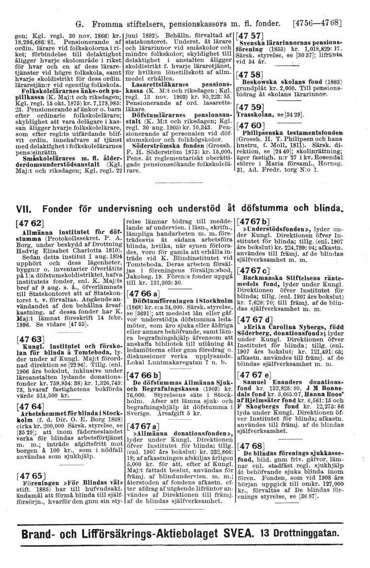 G. Fromma stiftelsers, pensionskassors m. fl. fonder. [4756-47681 gen; Kg!. regl, 30 nov. 1866) kr. juni 1892). BehålIn. i6rvalt~d af [4757] ]8,296,686:81. Pensionerande af statskontoret. Underst.