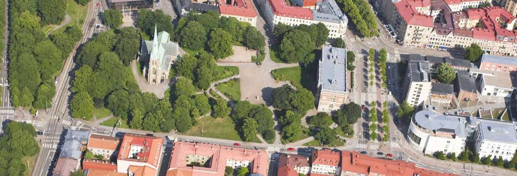 Fördjupad kulturmiljöbeskrivning: Haga Kyrkoplan Grönskan från vallgravsstråket förs in i den täta kvartersstaden Länk till Kungsparken med stora träd Stora träd från tiden för parkens anläggande