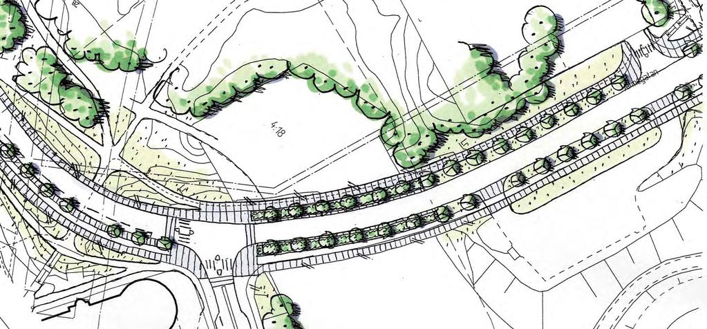 D: Armégatan från Ekelundsvägen till bron Plan skala 1:1000 N Överhöjning av gatukorsning.