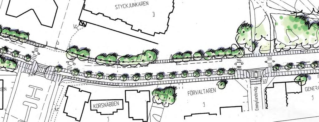 F: Armégatan från Emmylundsvägen till Huvudstagatan Plan skala 1:1000 N Överhöjt övergångsställe Plantering av ny genomgående trädrad mot bostadsbebyggelse.