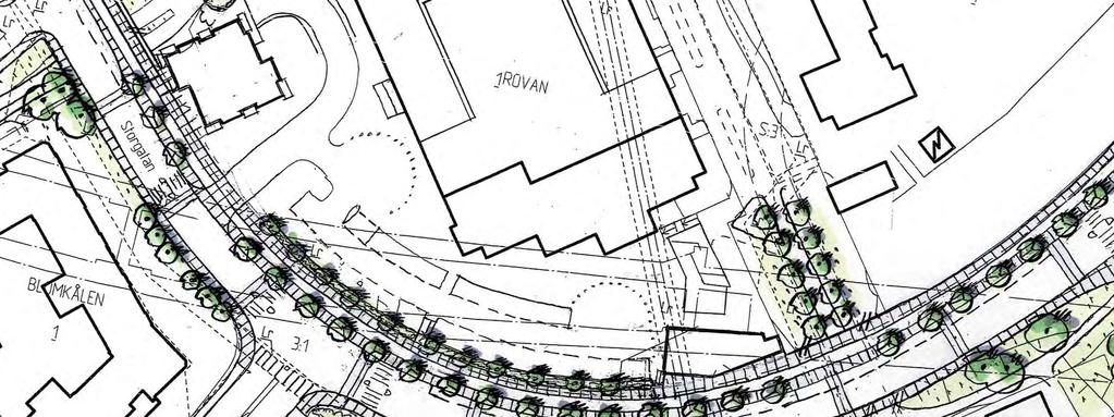 I: Storgatan förbi Huvudsta Centrum Plan skala 1:1000 N Plantering av trädrad på centrumsidan för