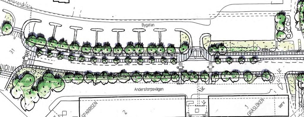 K: Storgatan mellan Huvudsta Centrum och Alphyddevägen Plan skala 1:1000 N Överhöjning av gatukorsning.