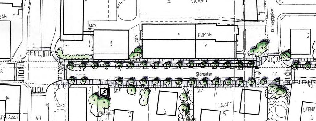 A: Storgatan mellan Huvudstagatan och Järnvägsgatan Plan skala 1:1000 N Utrymme för tre körfält. Inlastningszon. Längsgående kantstensparkering/ angöring.