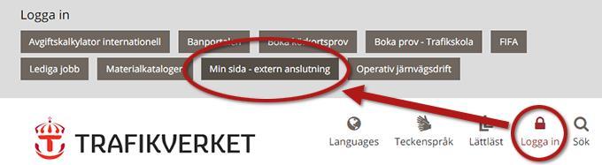 2. En meny öppnas överst på sidan. Klicka på Min sida extern anslutning. 3. Inloggningssidan öppnas. Välj hur du vill logga in mot Trafikverket.