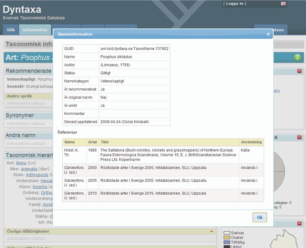www.dyntaxa.se Oktober 2014 NAMNINFORMATION Genom att klicka på ett namn (eller den lilla bokikonen efter namnet) kan man få mer information om namnet via en pop up-ruta. 1.