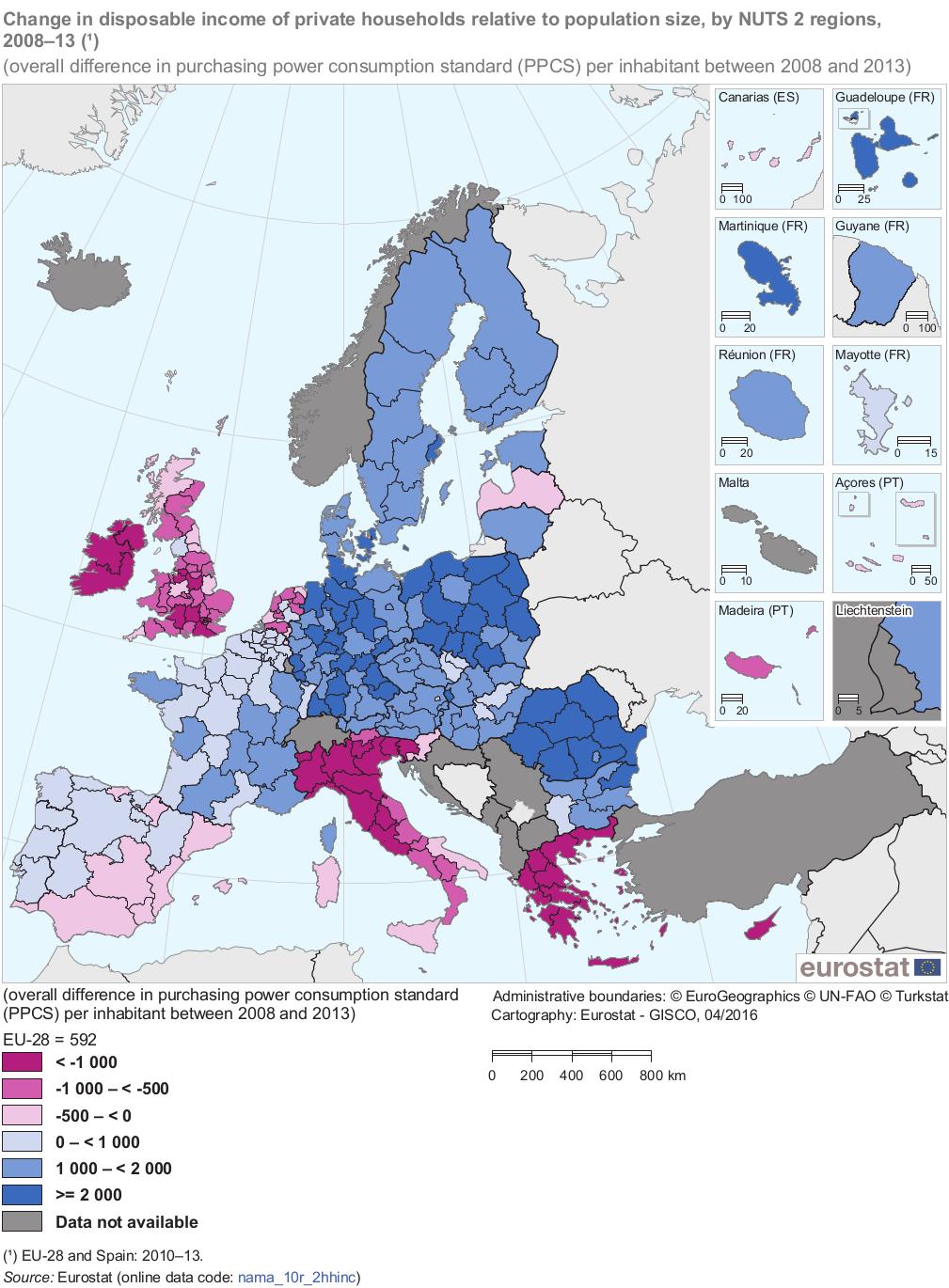 Karta 5: Förändrad disponibel inkomst i privata hushåll i förhållande till befolkningens storlek, per Nuts 2-region, 2008 2013
