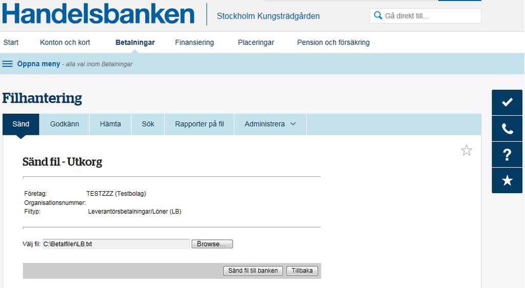 Klicka på Bläddra/Browse och sök upp filen på datorn som du vill sända till banken.