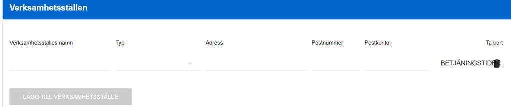 Anvisning 46 (71) 9. Verksamhetsställen Fyll i uppgifter om företagets verksamhetsställen och betjäningstider. Verksamhetsställets namn: Fyll i verksamhetsställets namn, t.ex. Sörnäs biluthyrning.