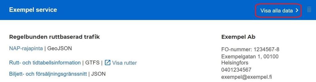 Anvisning 9 (71) Innehållet i externa gränssnitt som fogats till tjänsten kan du läsa genom att klicka på gränssnittets namn, t.ex. Biljett- och försäljningsgränssnitt.