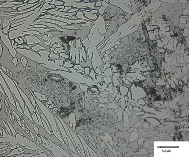 I mikrostrukturen kan öar av austenit observeras i en grundmassa av ferrit.  Figur 43. Ett område i hörnprovet 14 utan spricka.