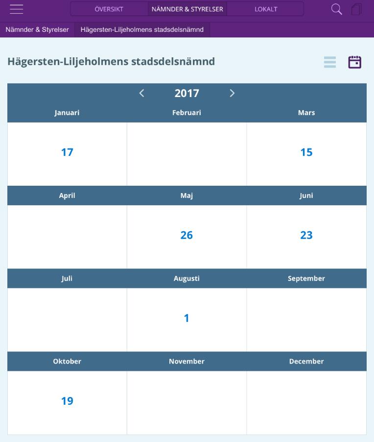 Växla mellan de olika vyerna med hjälp av ikonerna till höger [2]. Tryck på Kalender-ikonen [3] för att se samma information som nedan lista i en kalendervy.