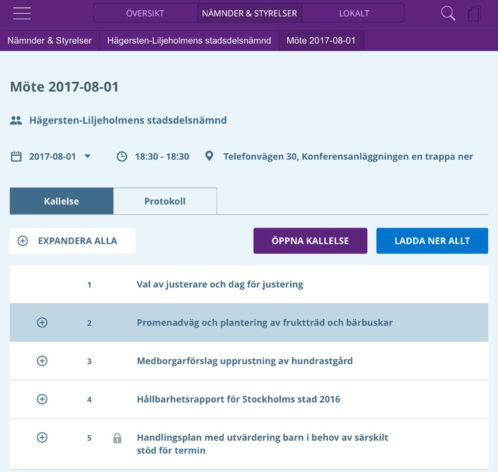 2.6 Mötesvyn När du har klickat på ett möte i den generella översikten, eller i listan/kalendern med möten under en specifik nämnd/styrelse öppnas Mötesvyn: 2.6.1 Sökväg Överst i mötesvyn visas en sökväg [1] som ger dig information om var du befinner dig Toppvy (Översikt eller Nämnder & Styrelser), specifik nämnd/styrelse och möte.