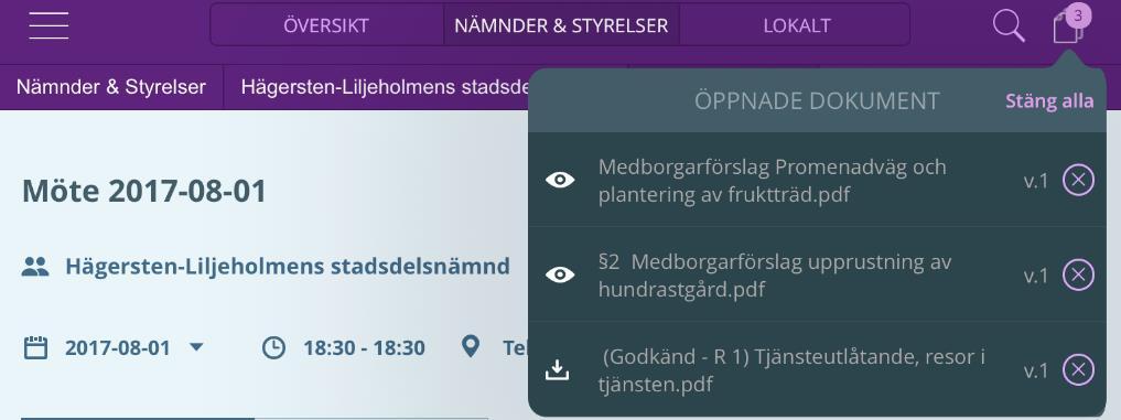 En lista visas med alla de dokument som är öppnade, lokalt som online.