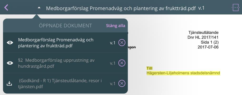 Vit färg på dokumenttiteln indikerar att dokumentet är aktivt och grå att det är inaktivt. 1. Öppna valfritt dokument genom att trycka på dess titel [3]. 2.