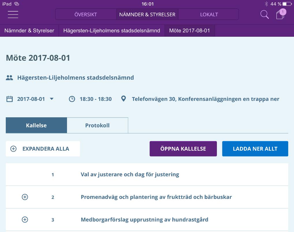 Tryck på knappen Ladda ner allt [1] om du vill ladda ned både kallelsen (alternativt protokollet, samma knapp fast under protokollsfliken) och alla dess bilagor.
