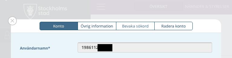 Vyn Kontoinställningar visas, med knapparna Konto, Övrig information, Bevaka sökord och Radera konto. 2.3.