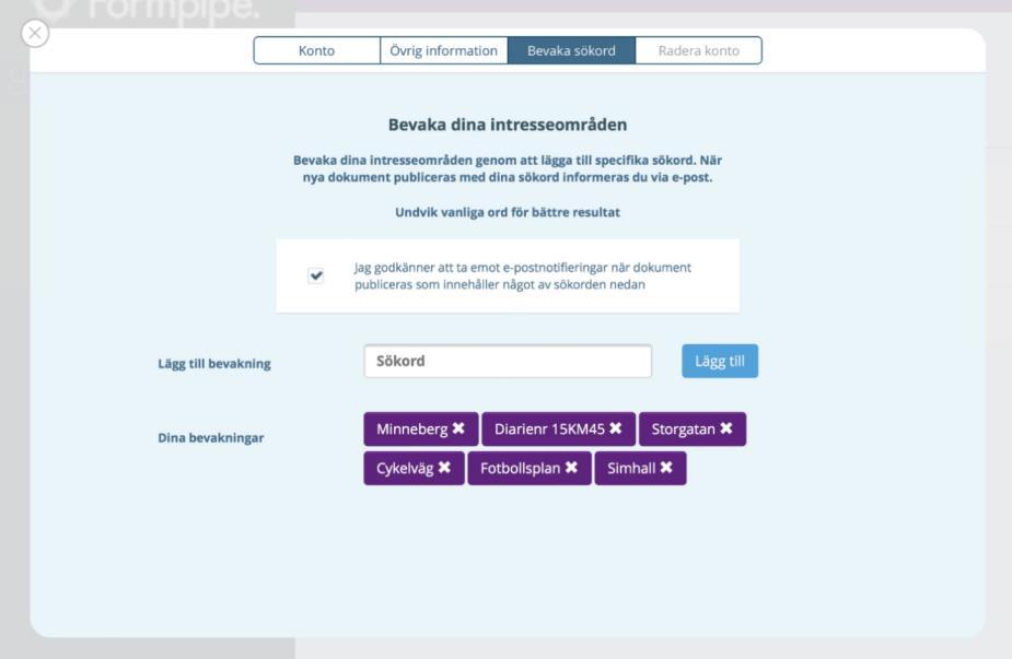 Obs: Försök att inte lägga till allt för vanligt förekommande sökord då det finns en begränsning över hur många resultat som kan listas i den e- postnotifiering som skickas ut från Meetings Plus. 2.3.