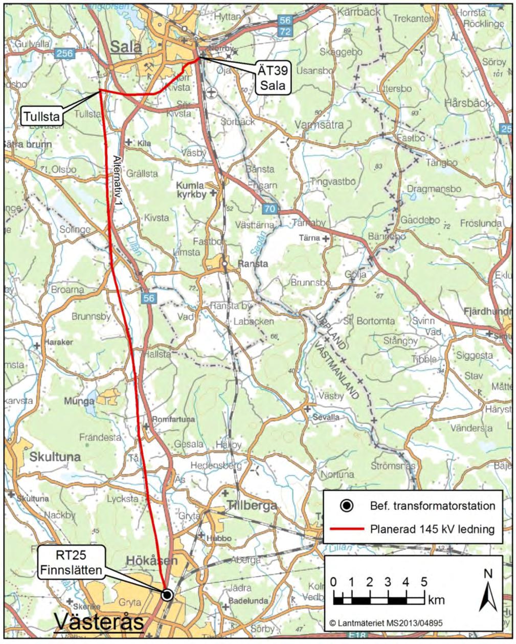 2.5.3 Slutsats; förordad ledningssträckning Utgående från utvärderingen under avsnitt 2.5.1 ovan bedöms sammantaget att en ledning i befintlig sträckning enligt alternativ 1 mellan Sala och Finnslätten utgör minst påverkan på bedömda aspekter.