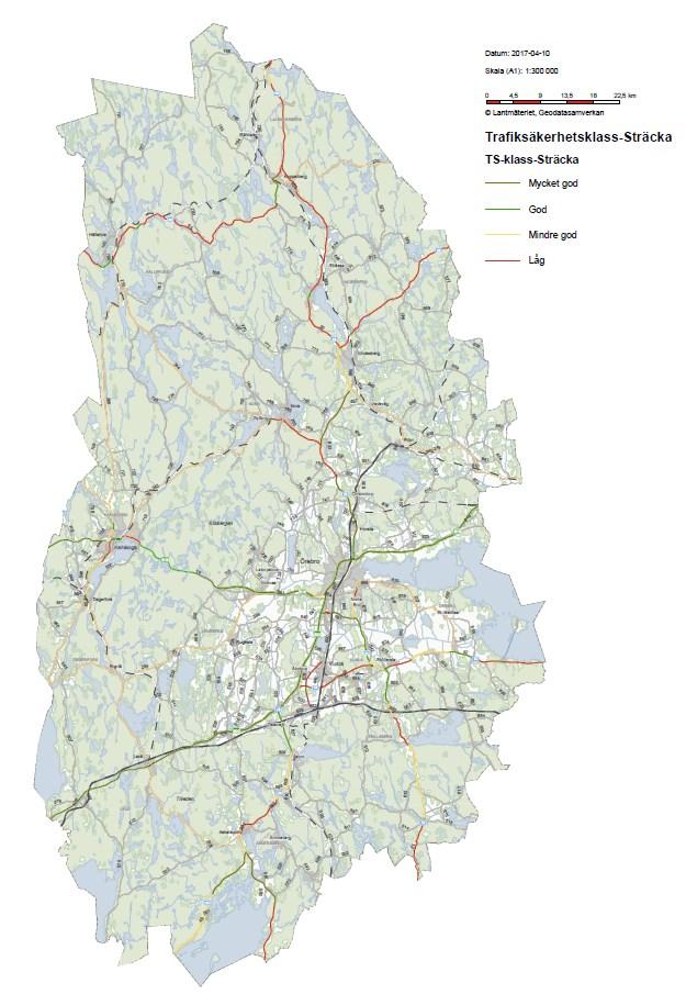 Figur 5: Trafiksäkerhetsklassificering av vägnät i Örebro län, TEN-T-vägar, nationella vägar och övriga